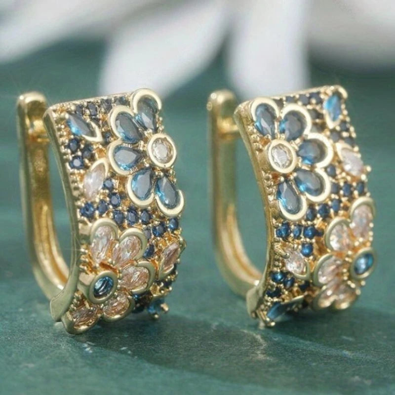 Retro Blue Zircon Flower Hoop Alloy Earrings