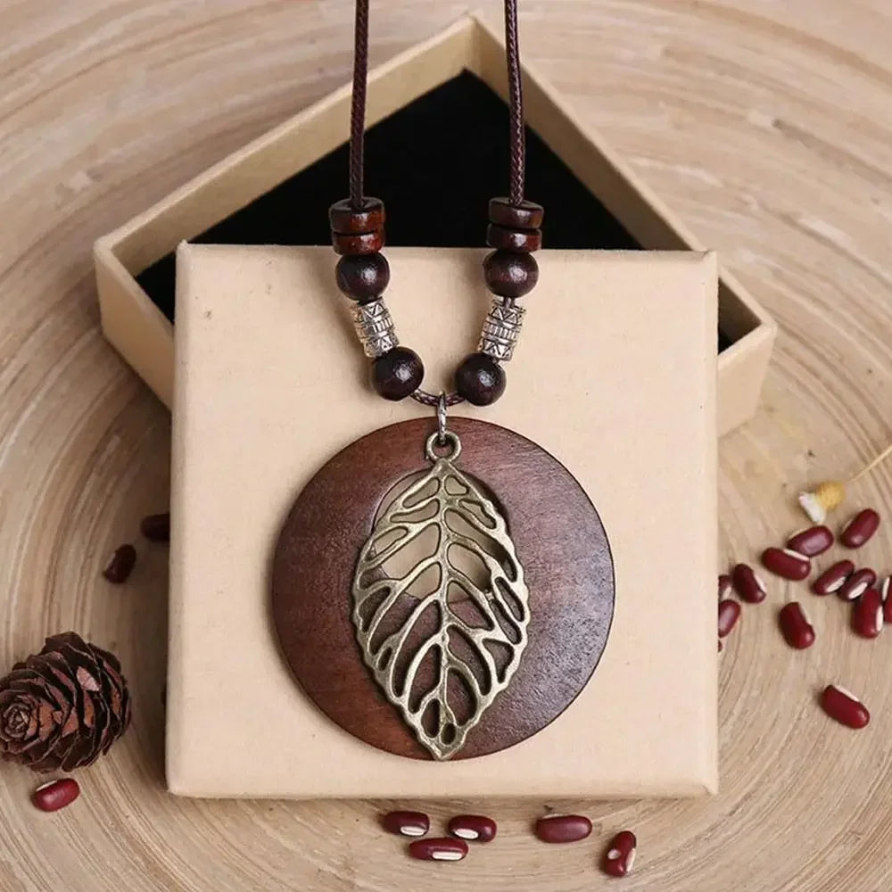 Selection of Retro Wooden Pendant Alloy Chain Necklace