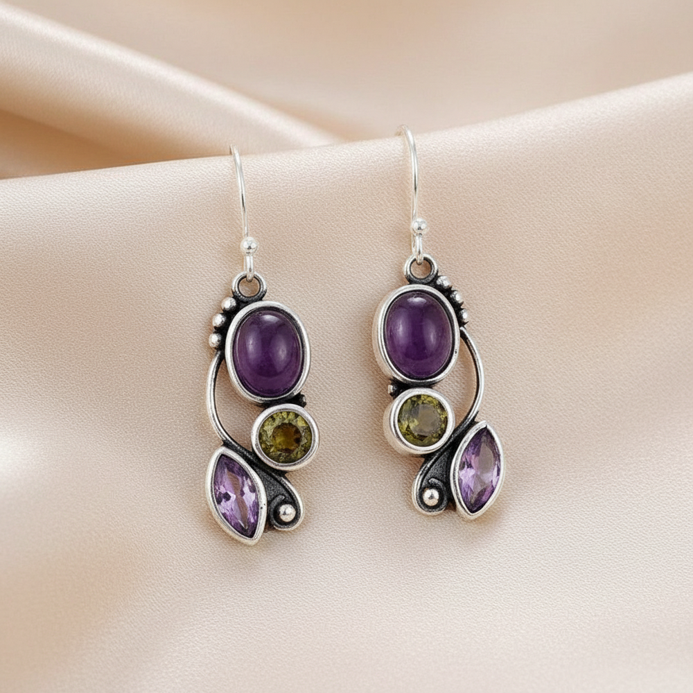 Bohemian Dangle Earrings with Purple, Brown & White Zircon Accents