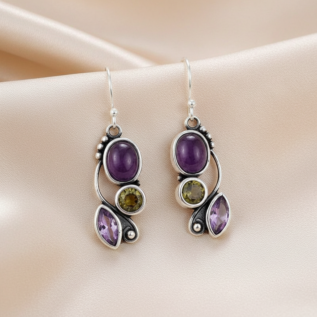 Bohemian Dangle Earrings with Purple, Brown & White Zircon Accents