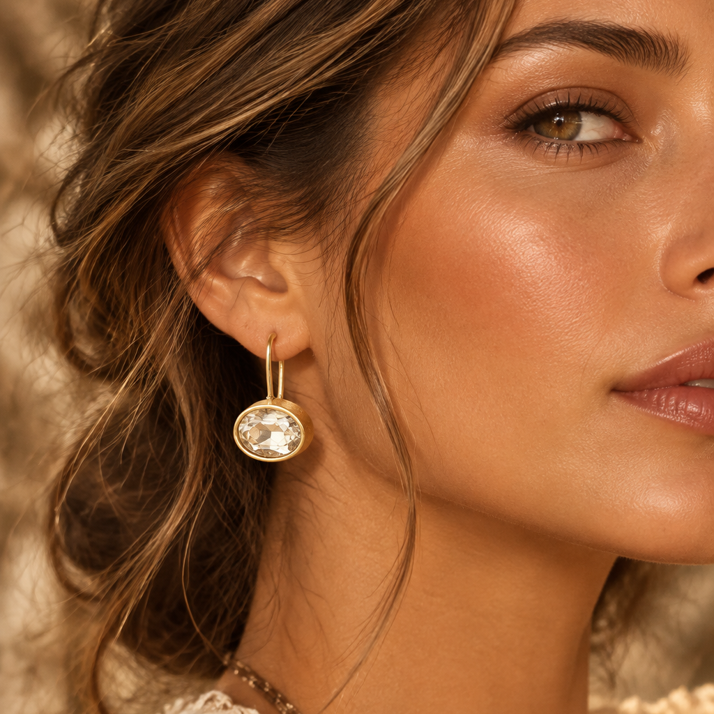 Bold Oval Champagne Stone Dangle Alloy Earrings