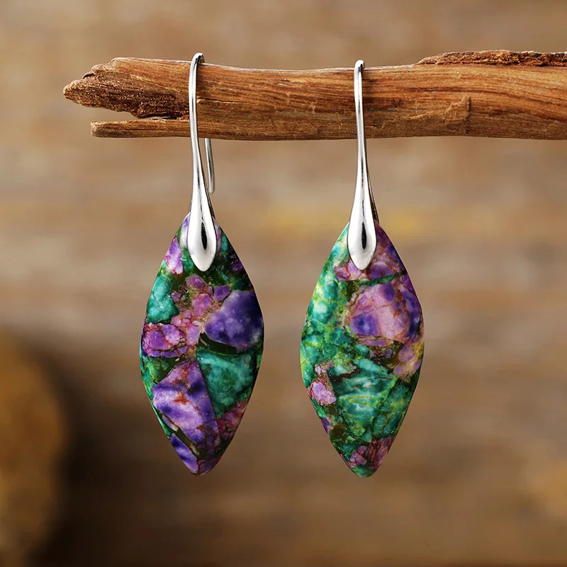 Bohemia Gold Plated Multicolored Natural Stone Leaf Drop Earrings