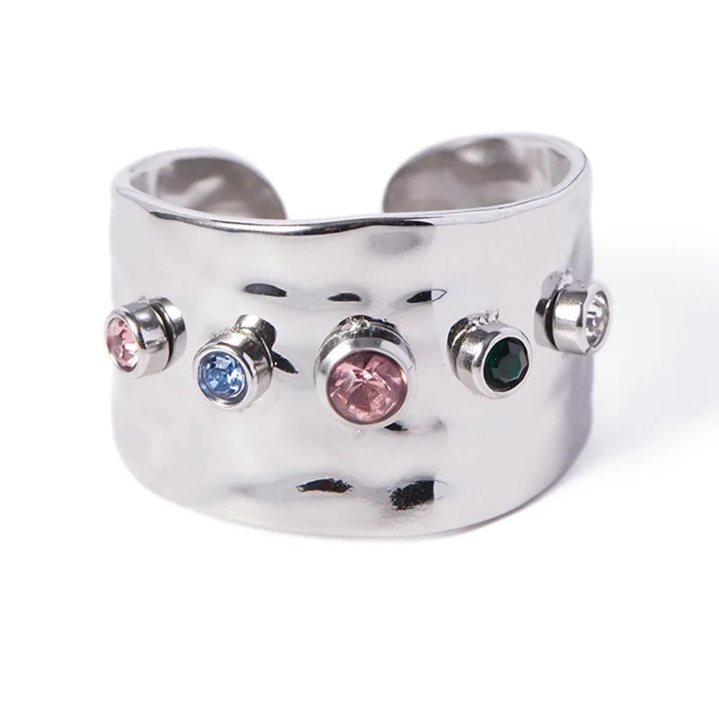 Adjustable Cubic Zirconia Wide Band Ring – 18K Gold-Plated Statement Jewelry