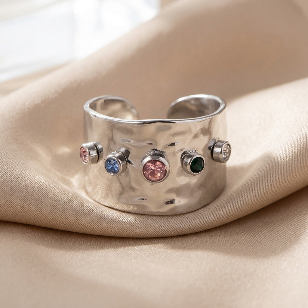 Adjustable Cubic Zirconia Wide Band Ring – 18K Gold-Plated Statement Jewelry