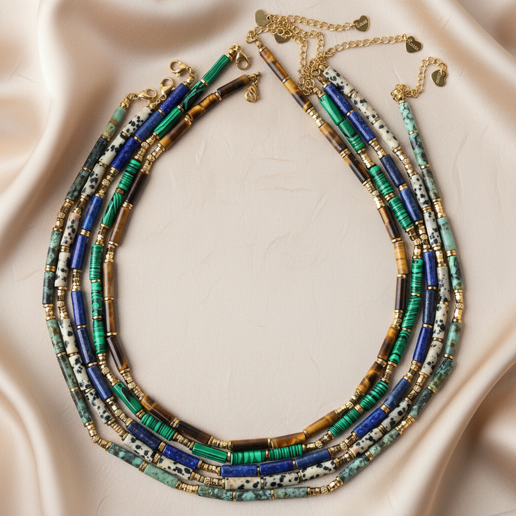 African Turquoise, Tiger Eye & Malachite Gemstone Necklace