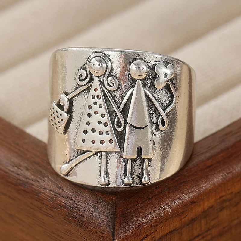 Vintage Silver-Plated Copper Ring – Sculpted Couple Holding Hands