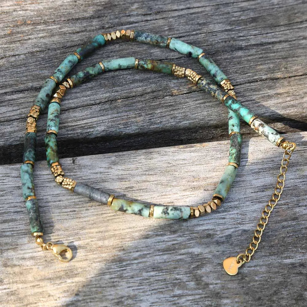 African Turquoise, Tiger Eye & Malachite Gemstone Necklace