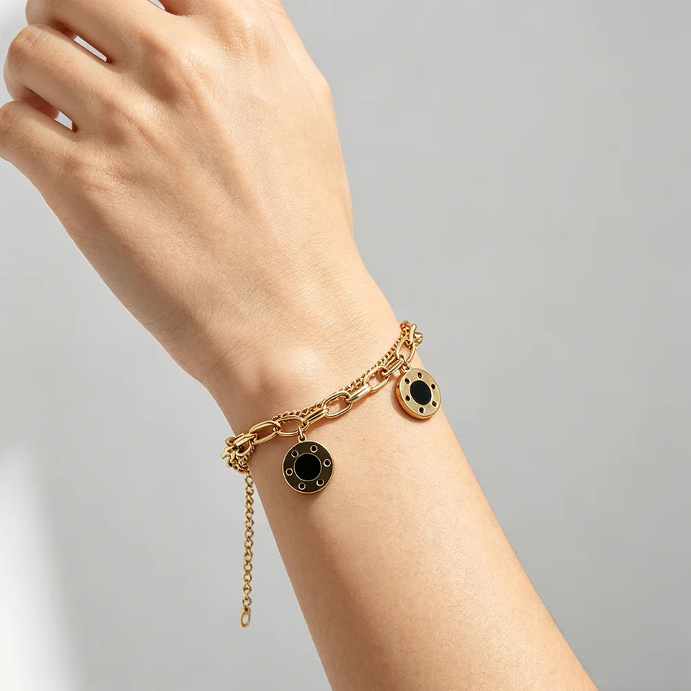 Trendy Chain Link Black Charms Bracelet in Gold Plated Stainless Steel