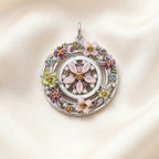 Flower Amulet Round Pendant in 925 Sterling Silver with Zircon Stones