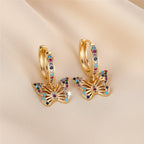 Colorful Butterfly Hoop Earrings in Gold Plated Copper with Zircons