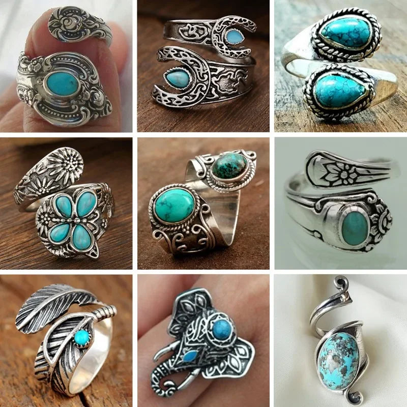 Turquoise Statement Rings – Bold Adjustable Boho Designs in Zinc Alloy