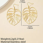 Stainless Steel Bohemian Hollow Exaggerated Leaf Dangle Drop Earrings