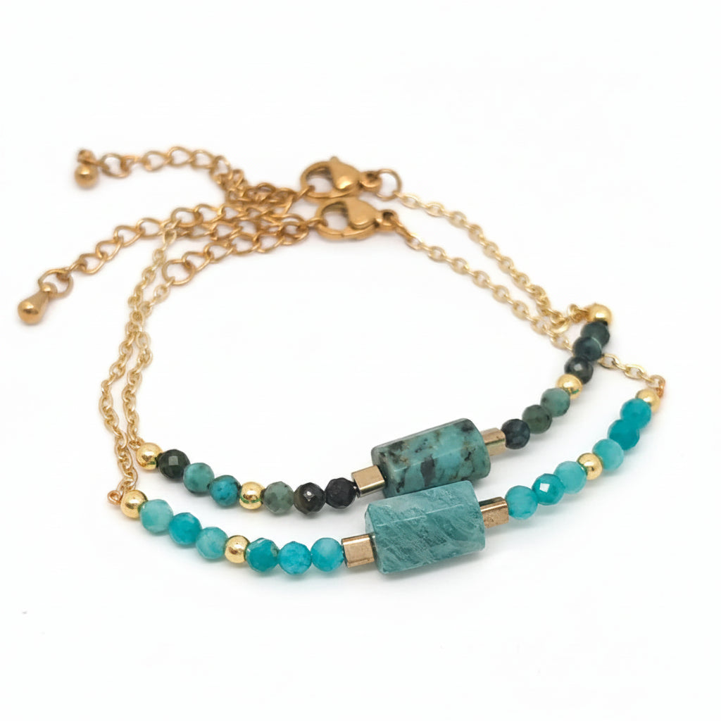 Boho Bracelet with Natural Turquoise & Amazonite Beads & Gold-Plated Copper Chain