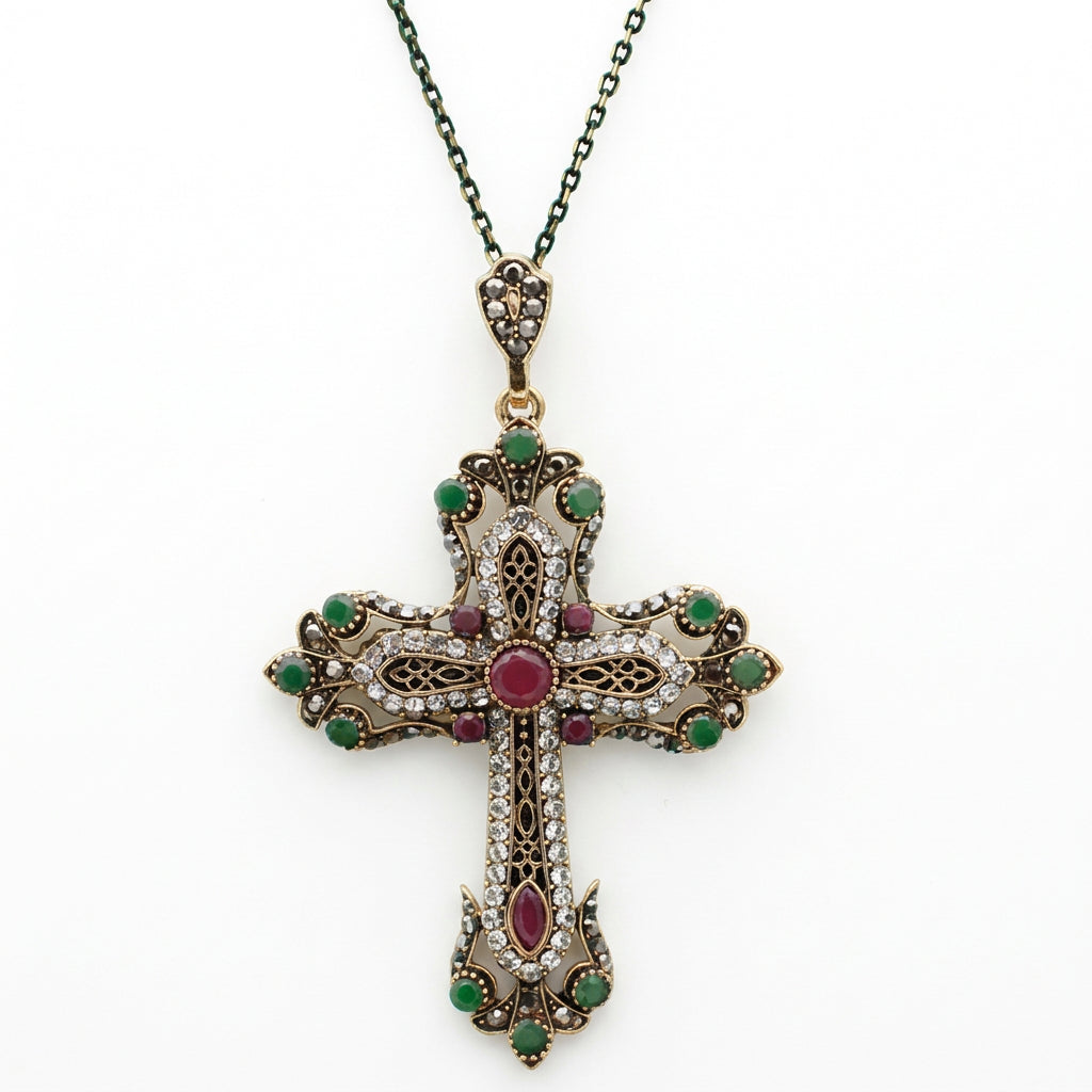 Vintage Inspired Floral Cross Pendant Necklace – Crystal, Rhinestone & Resin