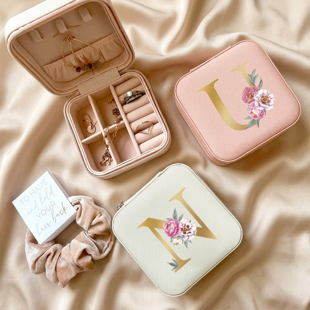 Personalized Gold Initial Floral Jewelry Box – Romantic Travel Jewelry Case