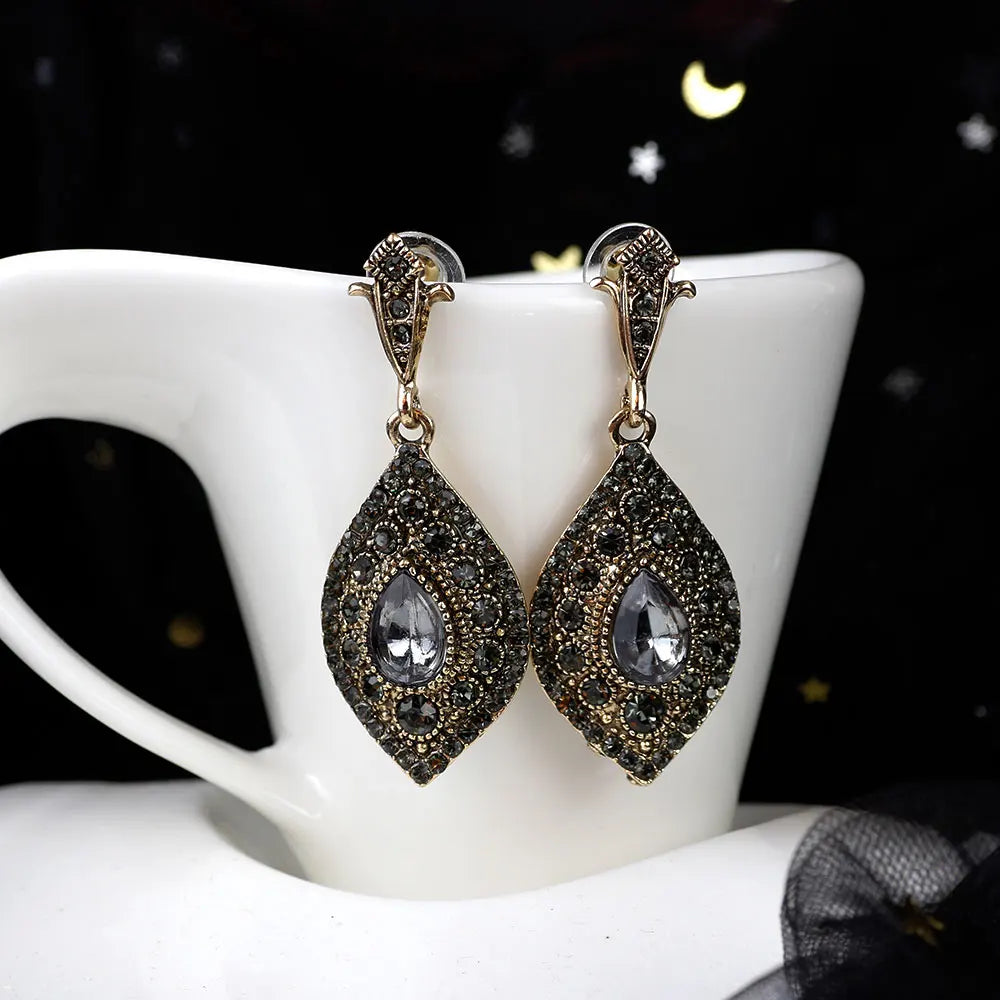 Turkish Gray Crystal Drop Earrings in Plated Alloy
