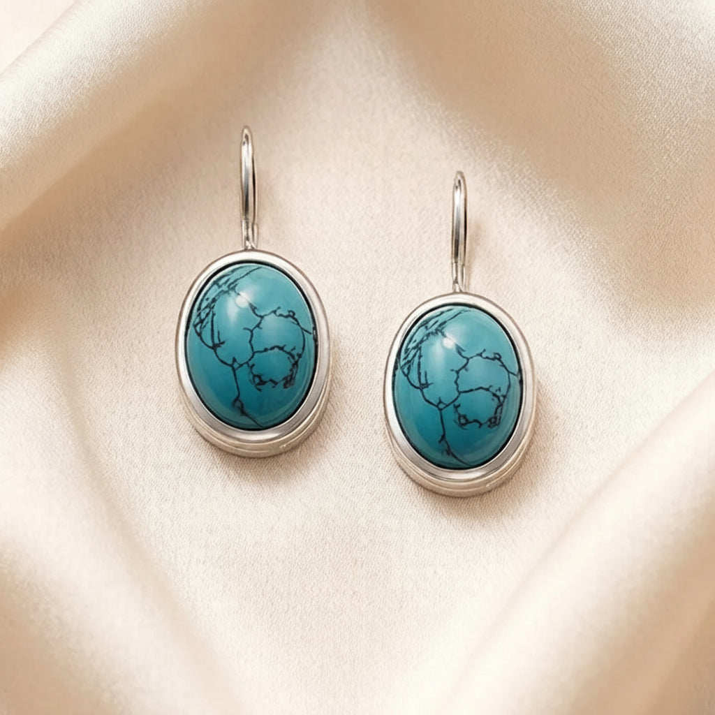 Petite Oval Drop Earrings in 925 Sterling Silver with Colorful Stone