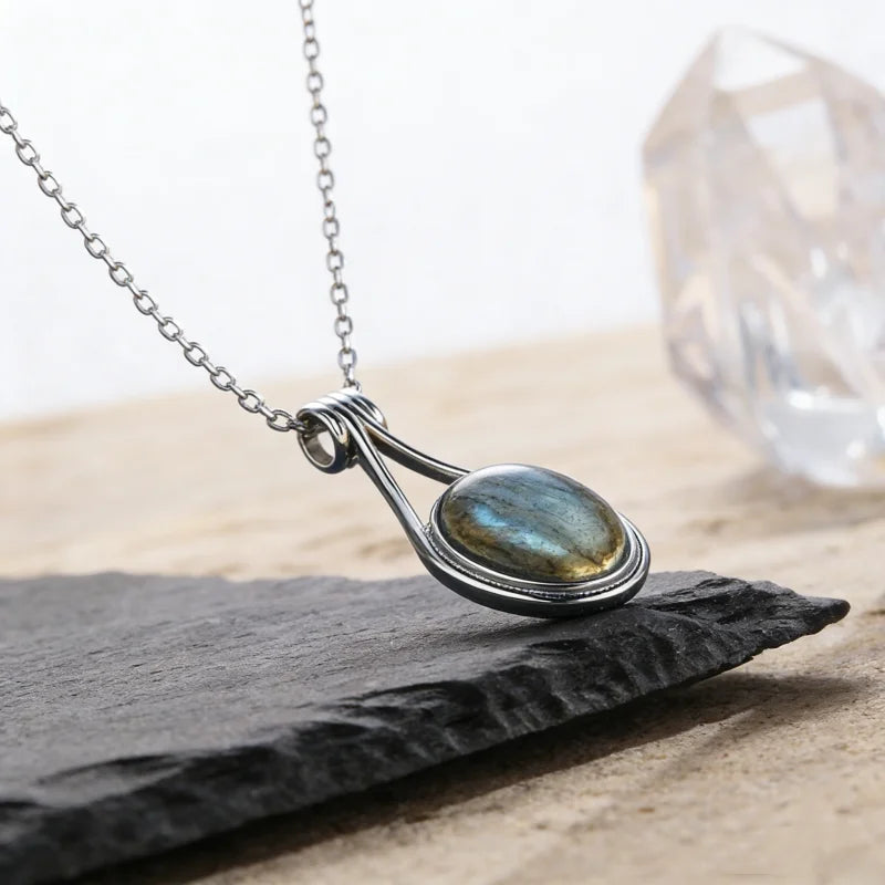 Platinum Plated Sterling Silver Pendant with Natural Labradorite