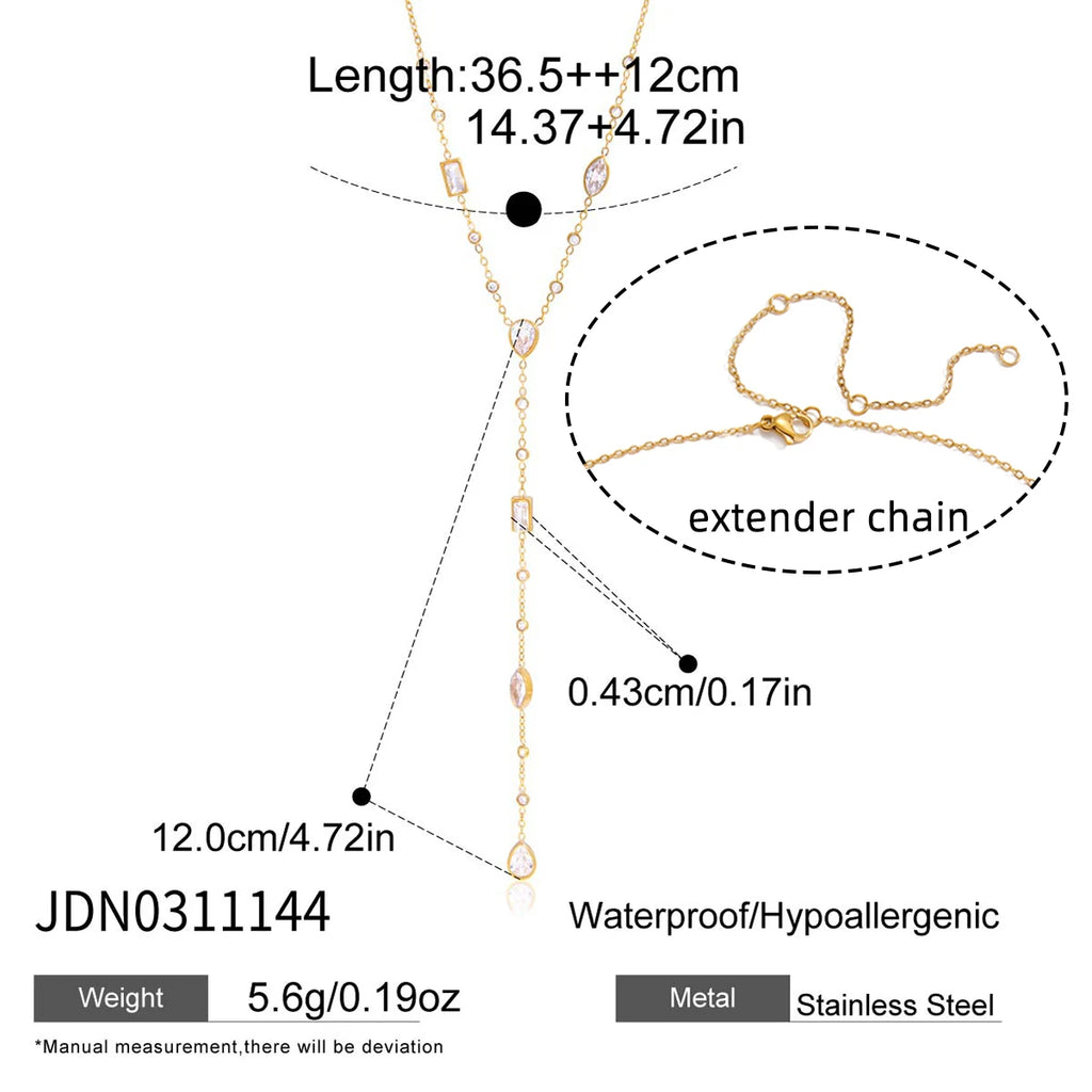 Long Y-Shaped Necklace with Geometric Zircons in 18K Gold-Plated Stainless Steel