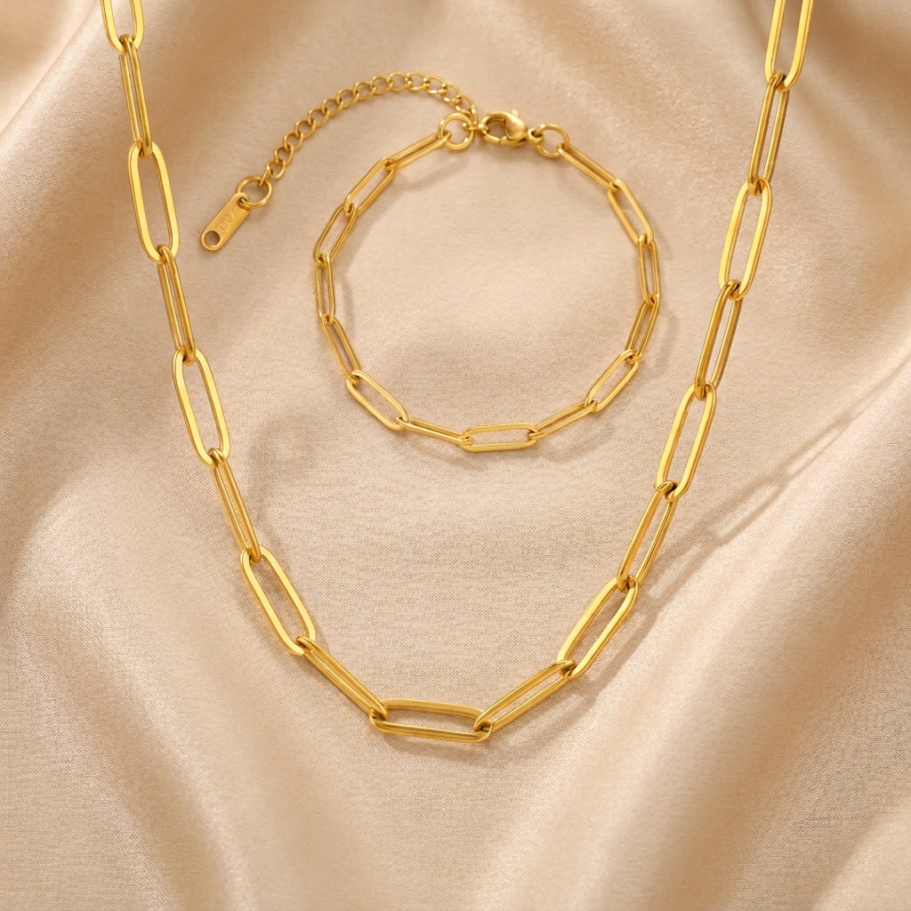 Minimalist Gold-Tone Chain Necklace & Bracelet in Stainless Steel