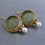 Retro Geometric Crystal Drop Earrings – Green & Blue Gems with Faux Pearls in Copper