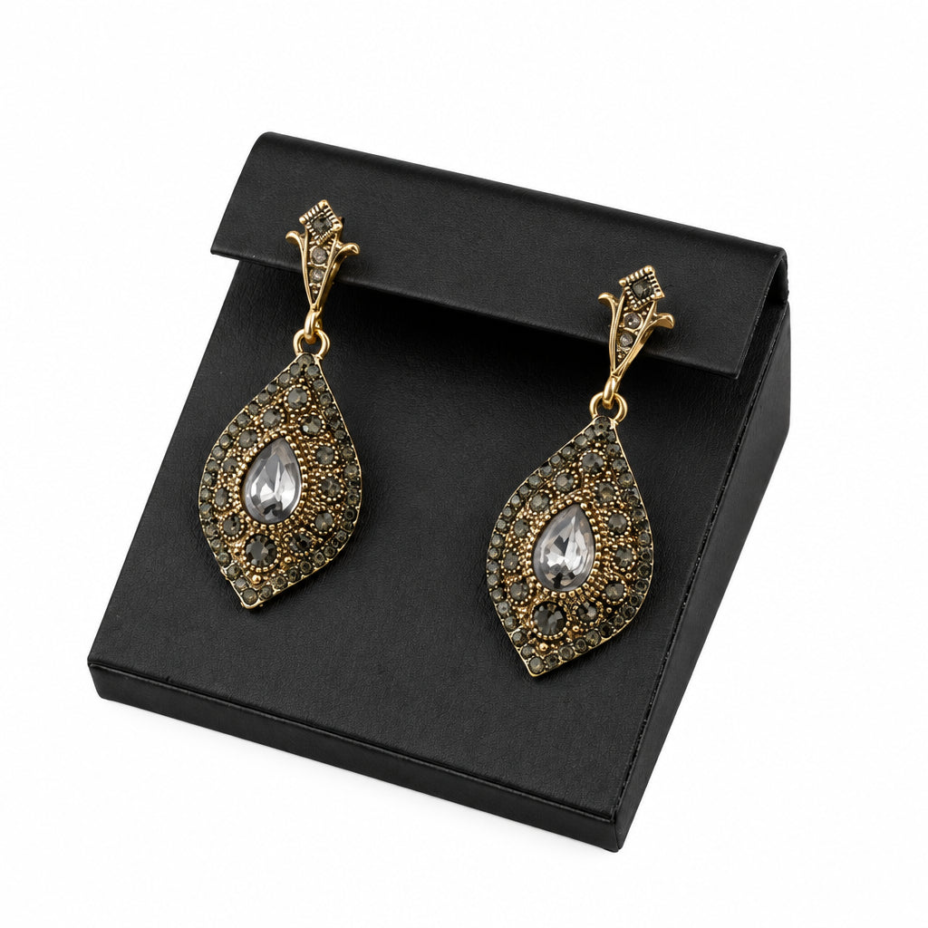 Turkish Gray Crystal Drop Earrings in Plated Alloy