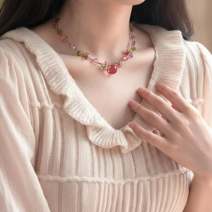 Resin Cherry Fruit Flower Bead Choker Necklace