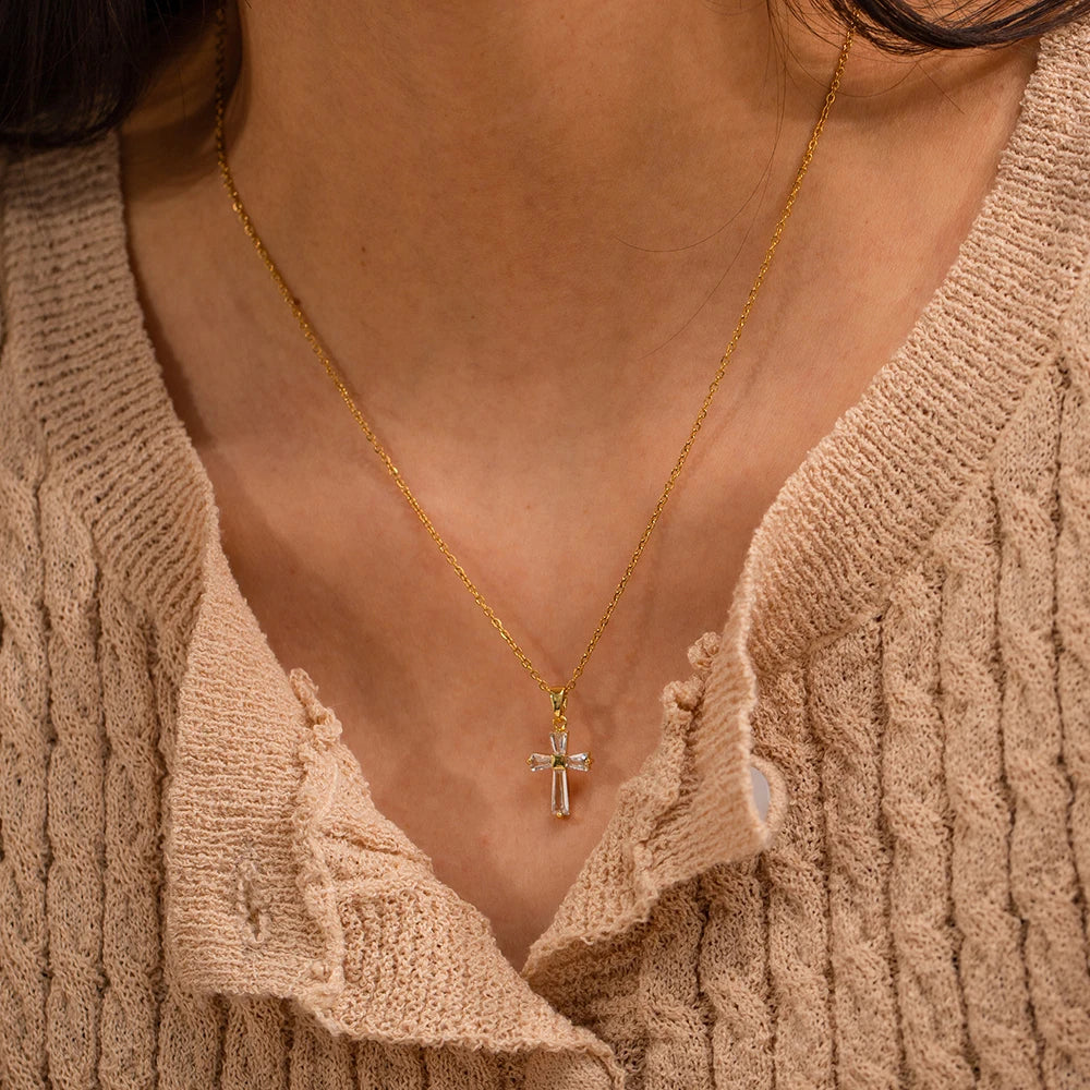 Delicate Square CZ Cross Pendant Necklace – Yellow Gold-Plated Stainless Steel