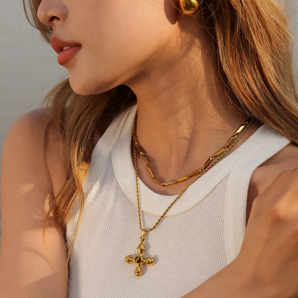 Youthway Fashionable Stainless Steel Natural Stone Cross Dangle Earrings 2023 Anti-allergy Gold Color Daily Jewelry Women
