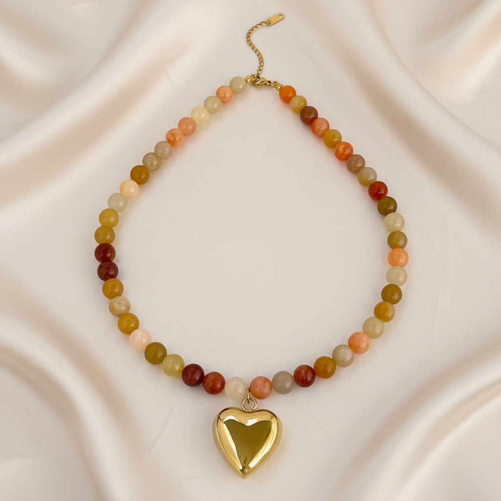 18K Gold-Plated Steel Necklace – Boho Brown & Orange Natural Stone