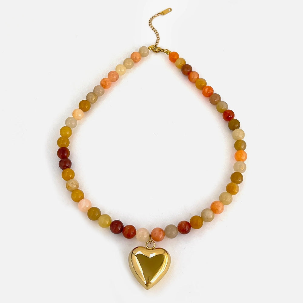 18K Gold-Plated Steel Necklace – Boho Brown & Orange Natural Stone