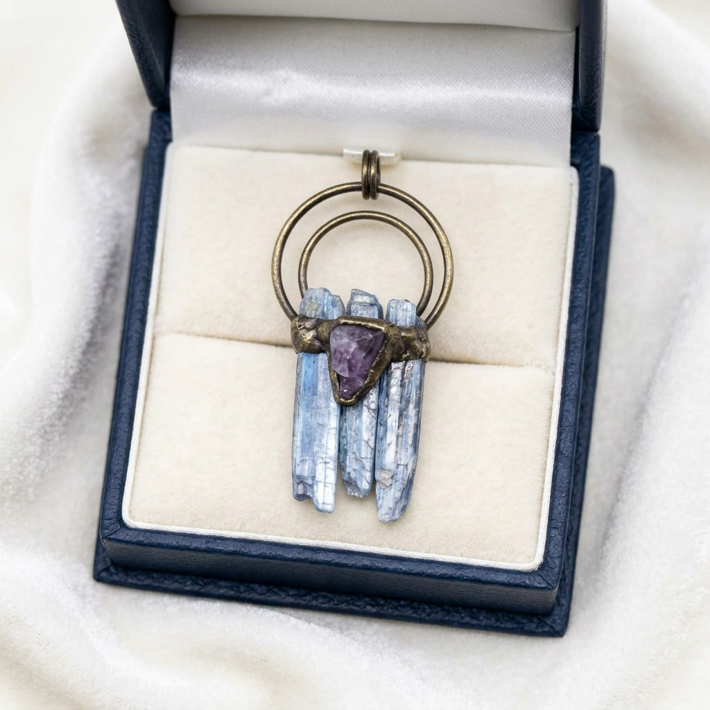 Natural Blue Kyanite Crystal Pendant – Raw Stone in Copper Setting