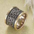 Two Tone Black Pattern Brass Band Ring - Bold, Statement Piece, Unique
