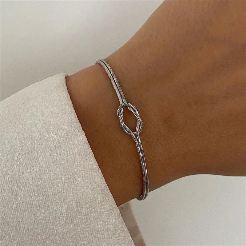 Unisex Stainless Steel Snake Chain Knot Bracelet - Handmade, Minimalist