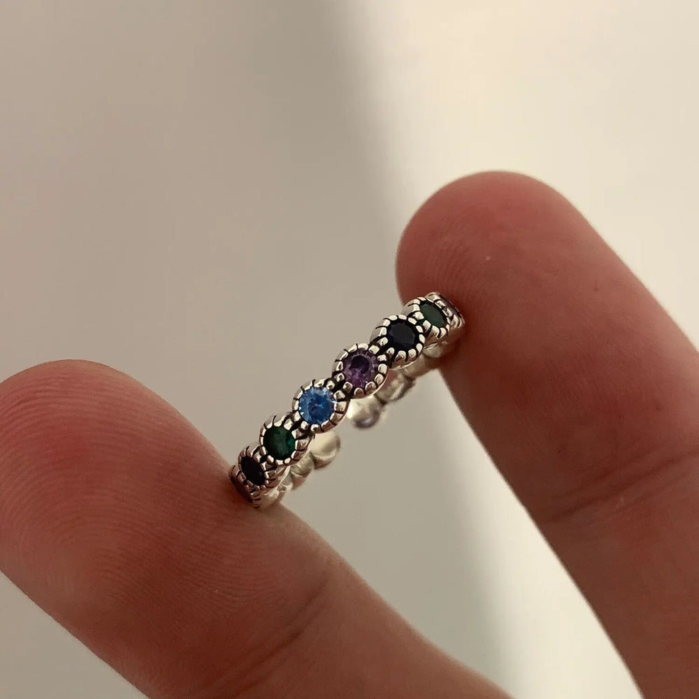 925 Sterling Silver Multicolor CZ Flower Adjustable Ring