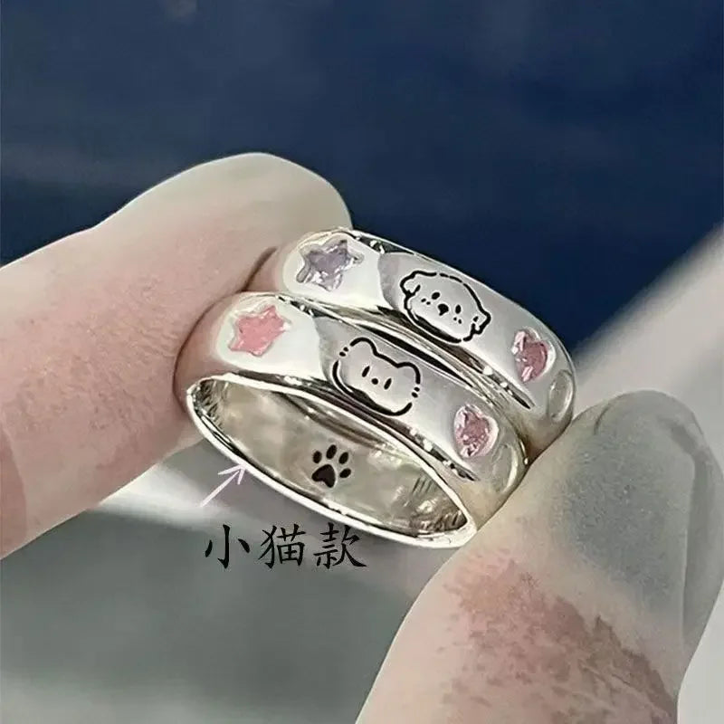 Cat & Dog Ring with Pink CZ Heart & Star - Buy a Set or Choose One, Made of Zink Alloy, Adjustable Size