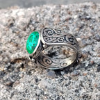 Antique Inspired Large Genuine Malachite Carved Stainless Steel Ring