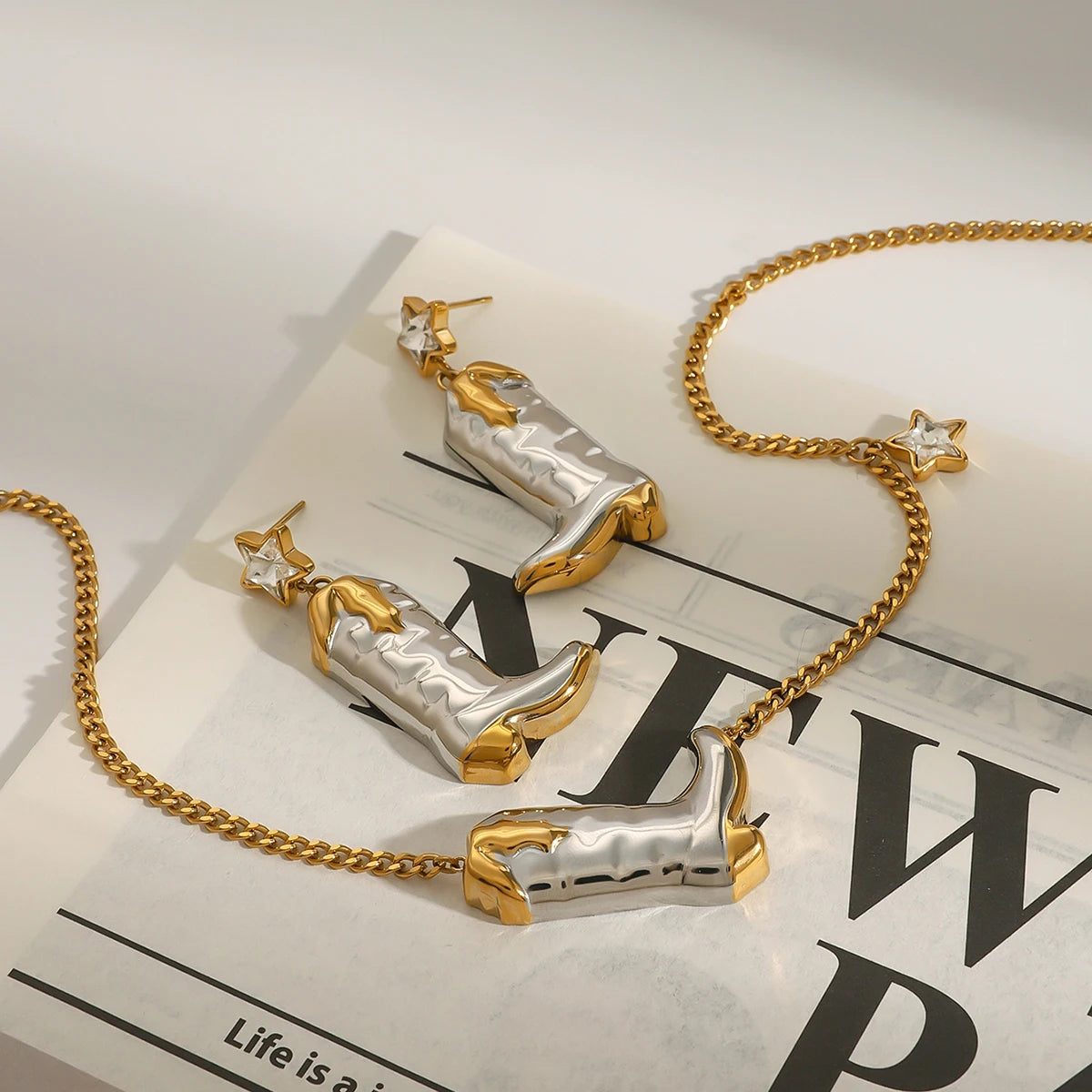 Two-Tone Cowboy Boots Necklace & Earrings Set – 18K Gold Plated Stainless Steel with White Zircon