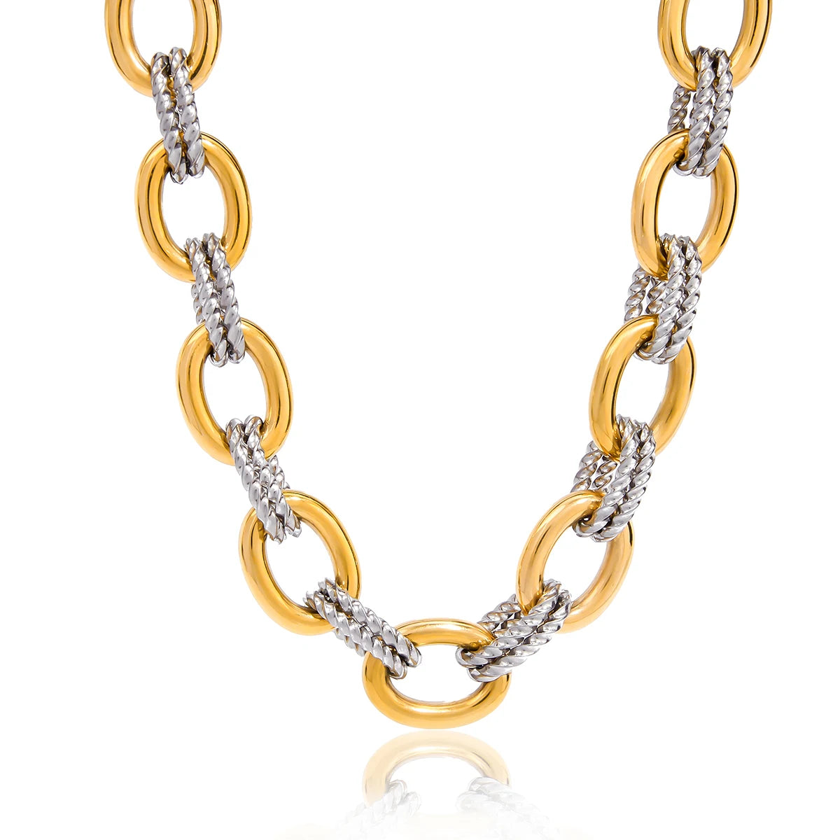 Two-Tone 18k Gold Plated Stainless Steel Necklace & Bracelet - Twisted Bold Modern