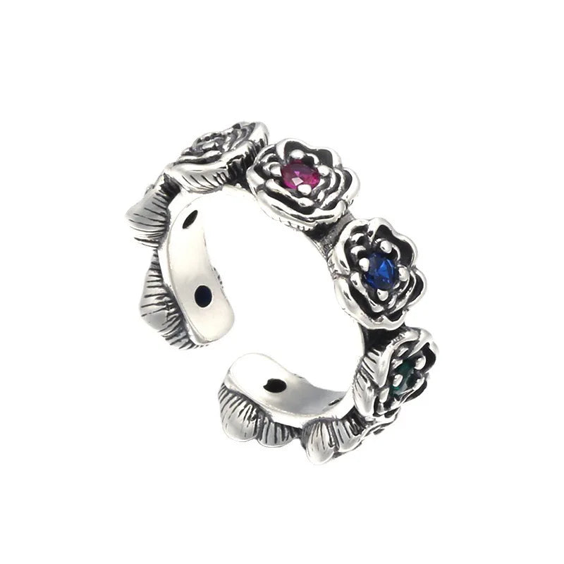 Vintage Inspired Sterling Silver Multicolor CZ Roses Adjustable Ring