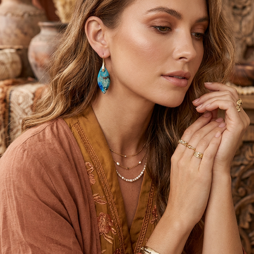 Bohemia Gold Plated Multicolored Natural Stone Leaf Drop Earrings