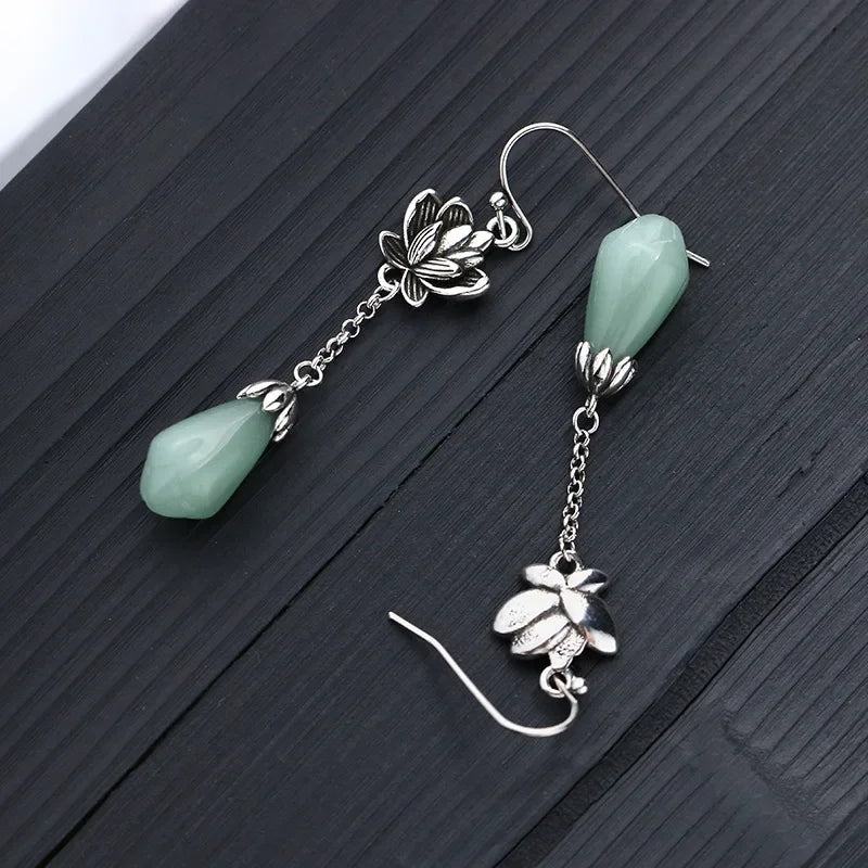 925 Sterling Silver Lotus Flower Jade Drop Earrings