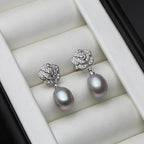 925 Sterling Silver Freshwater Pearl CZ Flower Drop Earrings