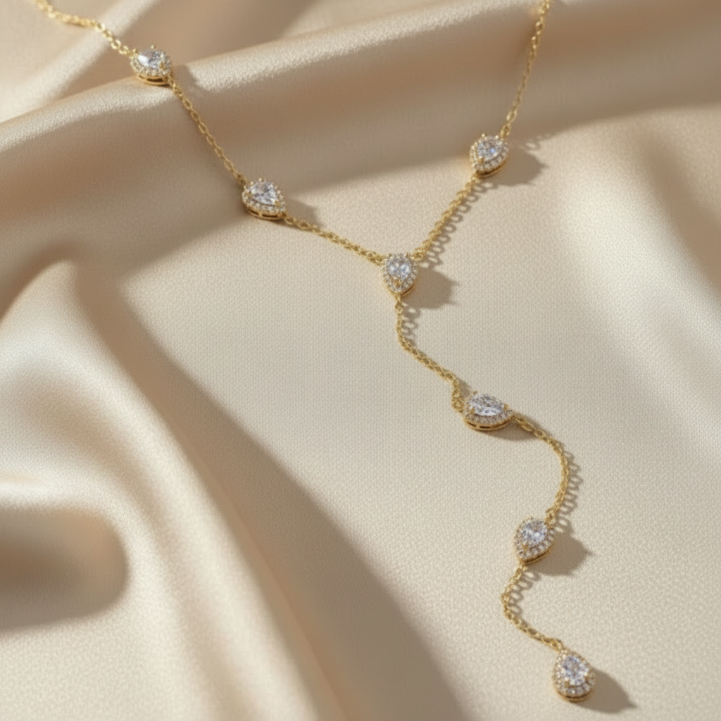 Long Gold-Plated Copper Necklace with Cubic Zirconia Stones
