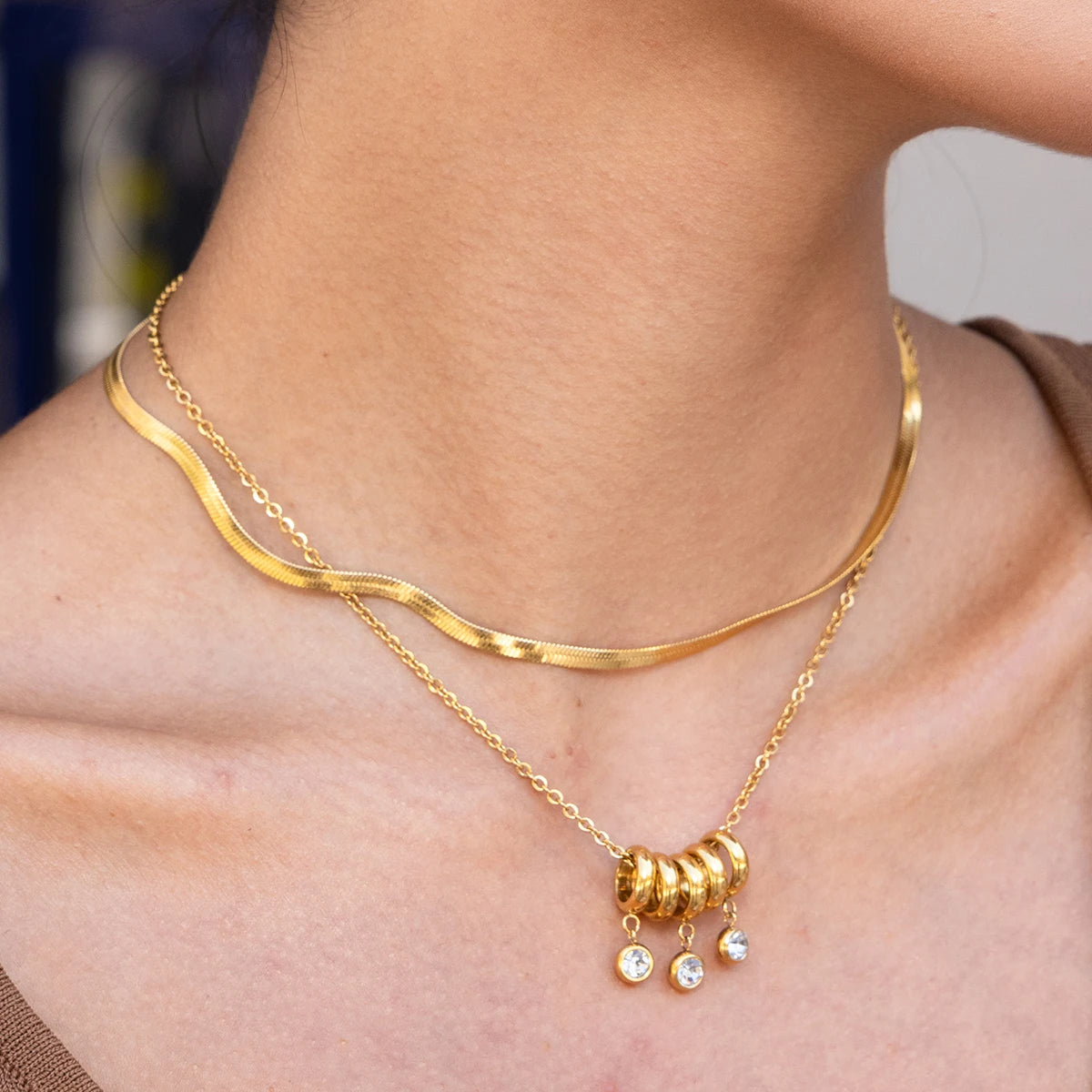 Modern 18K Gold Plated Three-Stone Rhinestone Necklace