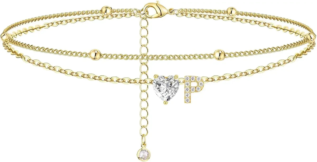 Initial 14K Gold-Plated Stainless-Steel Cubic Zirconia Heart Anklet