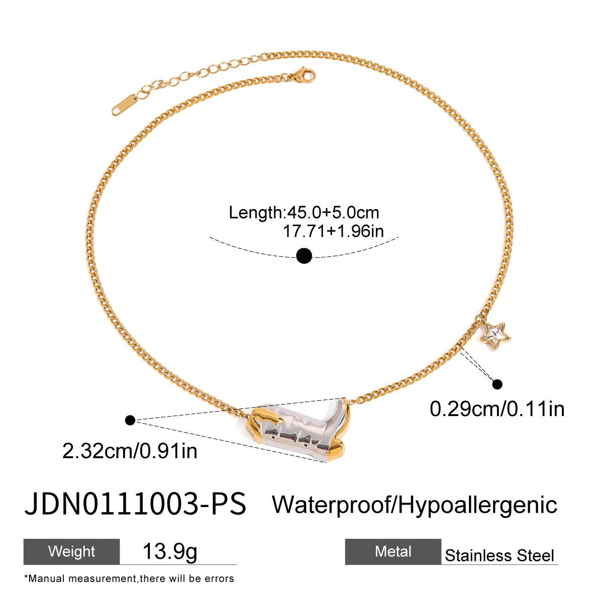 Two-Tone Cowboy Boots Necklace & Earrings Set – 18K Gold Plated Stainless Steel with White Zircon
