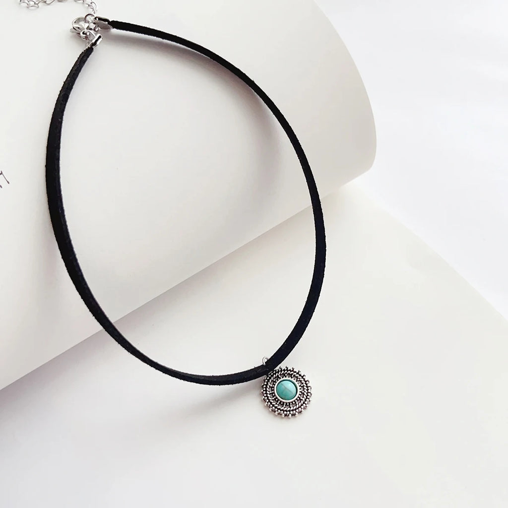 Boho Vamp Rope Choker with Turquoise Pendant
