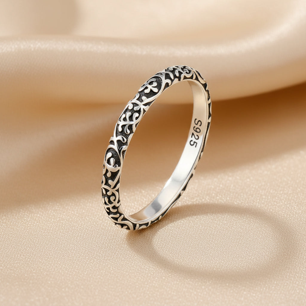 Vintage Inspired Floral Band Ring in Blackened 925 Sterling Silver