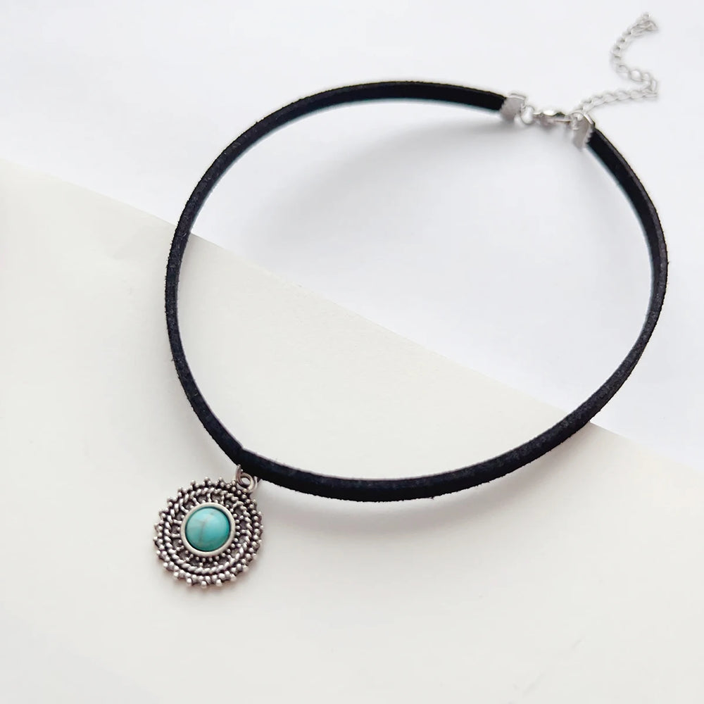Boho Vamp Rope Choker with Turquoise Pendant